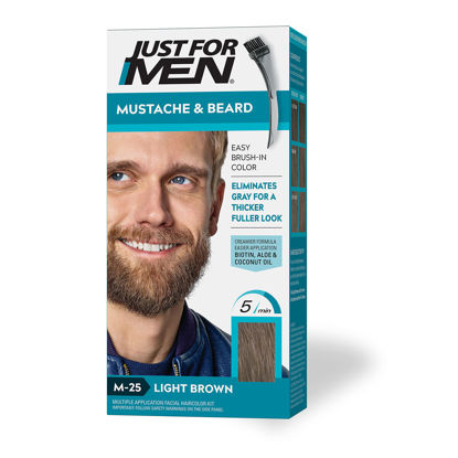 Picture of Just For Men Mustache & Beard, Beard Dye for Men with Brush Included for Easy Application, With Biotin Aloe and Coconut Oil for Healthy Facial Hair - Light Brown, M-25, Pack of 1