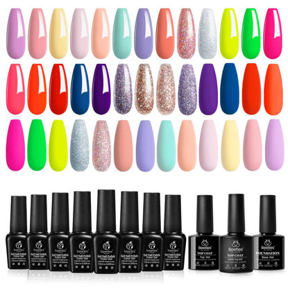 Picture of beetles Gel Polish Nail Set 20 Colors Spring into Summer Collection Pastel Yellow Blue Pink Neon Red Glitter Purple Manicure Kit for Women with Base Matte and Glossy Top Coat