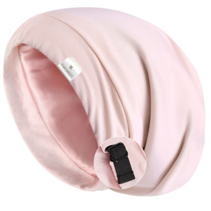 Picture of YANIBEST Silk Satin Bonnet Hair Wrap for Sleeping - Adjustable Stay on Silk Lined Slouchy Beanie Hat for Curly Hair and Braids Pink