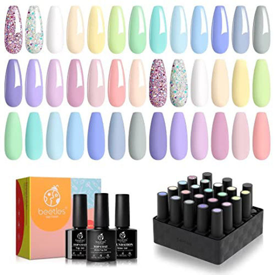 Picture of Beetles 20Pcs Gel Nail Polish Kit with 3Pcs Glossy & Matte Top Coat and Base Coat Spring Nails- Pastel Paradise Girly Colors Bright Nail Art Solid Sparkle Glitters Gel Polish Nails Easter Nails Manicure