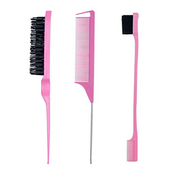 Picture of 3 Pieces Hair Styling Comb Set Teasing Hair Brush Rat Tail Comb Edge Brush for Edge&Back Brushing, Combing, Slicking Hair for Women (Pink)