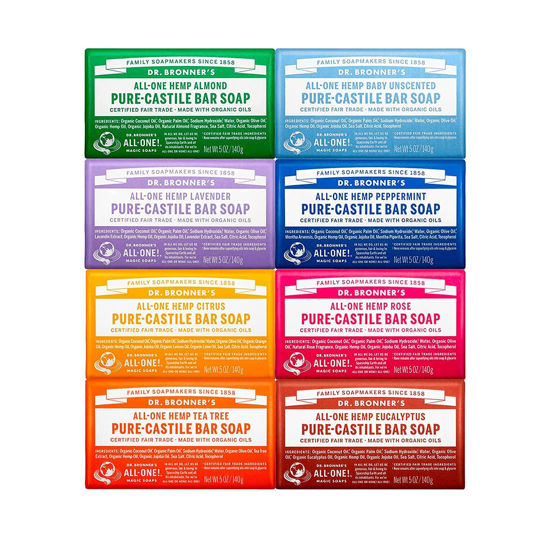 Picture of Dr. Bronner's - Pure-Castile Bar Soap (5 oz Variety Pack) Almond, Unscented, Lavender, Peppermint, Citrus, Rose, Tea Tree, & Eucalyptus - Made with Organic Oils, For Face, Body & Hair, Gentle & Moisturizing | 8 Count