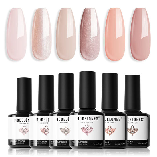 Picture of Modelones Gel Nail Polish Set, Nude 6 Colors Neutral Gel Polish Skin Tone Cashmere Pink Glitter Nail Polish Bubble Bath Collection Starter Kit Soak Off All Season Nude Gel Nail Polish LED Manicure DIY Salon Gifts