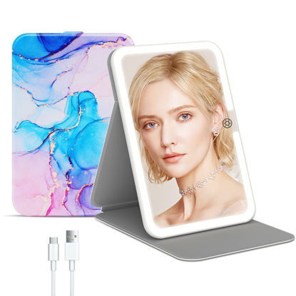 Picture of Rechargeable Travel Lighted Makeup Mirror with PU Leather Cover, Portable Travel Makeup Mirror with lights, 3 Color Lighting,Touch Sensor Dimmable, Light Up Tabletop Folding Cosmetic Mirror Colorful