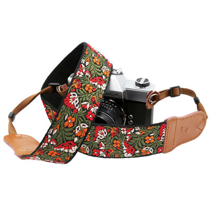 Picture of Camera Strap for All DSLR / SLR Cameras,Double Layer Cowhide Ends,2"Wide Pure Cotton Embroidered Woven Camera Strap,Adjustable Universal Neck & Shoulder Strap,Gift for Photographers（Green Flower）