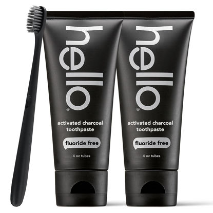 Picture of Hello Activated Charcoal Epic Teeth Whitening Fluoride Free Toothpaste and Toothbrush, Fresh Mint and Coconut Oil, Vegan, SLS Free, Gluten Free and Peroxide Free, 4 Ounce (Pack of 2)