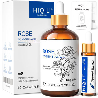 Picture of HIQILI Rose Oil Essential Oil, Premium Grade Rose Fragrance Oil for Diffuser, Skin, Hair, Candle Making, Soap Making,Large Bottle with Dropper & Gift Box- 3.38 Oz