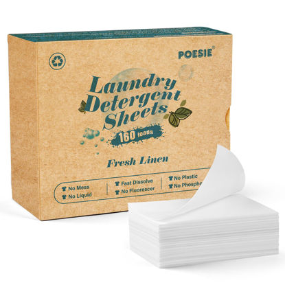 Picture of Poesie Laundry Detergent Sheets Fresh Linen Scent 160 Sheets 80 Large Loads Plastic Free Fast Dissolve Washing for All Washing Machine Traveling Dorm Life Save Space