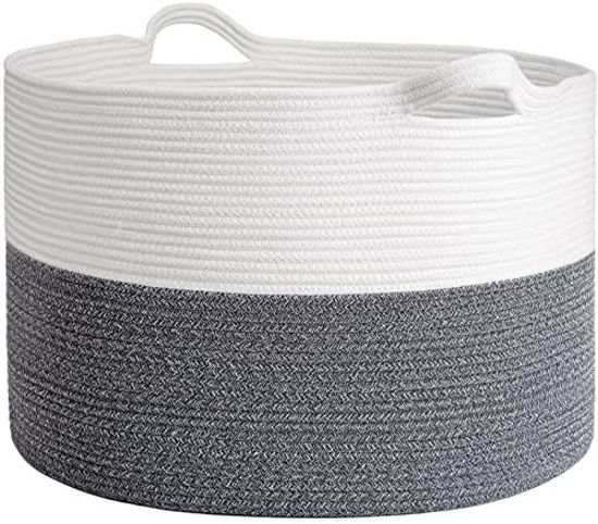 Picture of INDRESSME Woven Rope Basket with Handle, XXXLarge, Cotton (21.7" x 21.7" x 13.8") Laundry Hamper For Baby Laundry, Blanket, Toy, Storage Comforter Cushions, Gray