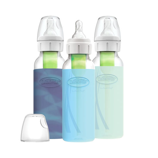 Picture of Dr. Brown's Options+ Narrow Bottle, Glass Baby Bottle with Silicone Sleeve Variety Pack 8 Ounce - Glow/Blue/Mint