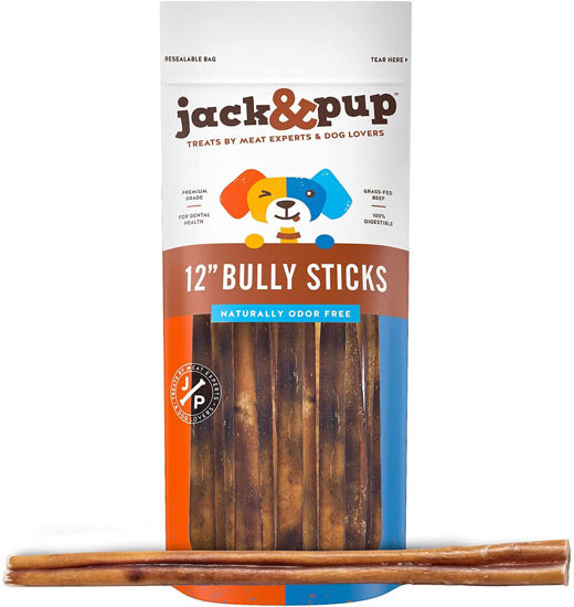 Picture of Jack&Pup Thick Bully Sticks 12 Inch Premium Dog Bully Sticks for Large Dogs Aggressive Chewers - All Natural Bully Sticks Odor Free 12" Large Bully Sticks, Long Lasting Dog Chews Bully Stick (5 Pack)