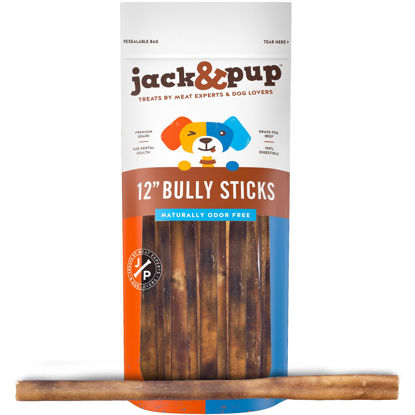 Picture of Jack&Pup 12-inch Premium Grade Odor Free Bully Sticks Dog Treats (18 Pack) 12” Long All Natural Gourmet Dog Treat Chews Fresh and Savory Beef Flavor - Long Lasting Treat