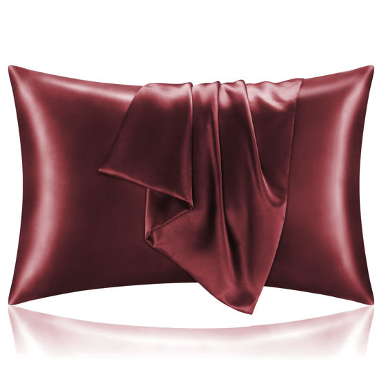 Picture of BEDELITE Satin Silk Pillowcase for Hair and Skin, Burgundy Pillow Cases Standard Size Set of 2 Pack, Super Soft Pillow Case with Envelope Closure (20x26 Inches)