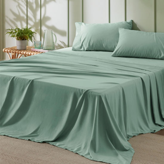 Picture of Bedsure Queen Sheet Set - Soft 1800 Sheets for Queen Size Bed, 4 Pieces Hotel Luxury Mint Green Sheets Queen, Easy Care Polyester Microfiber Cooling Bed Sheet Set