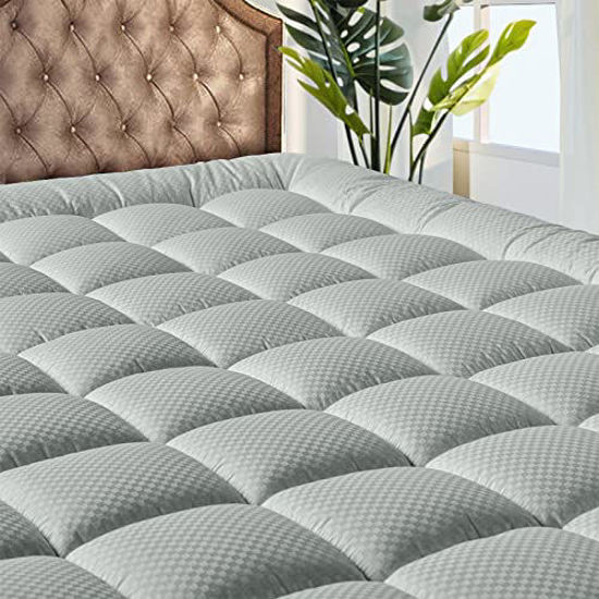 Picture of MATBEBY Bedding Quilted Fitted Queen Mattress Pad Cooling Breathable Fluffy Soft Mattress Pad Stretches up to 21 Inch Deep, Queen Size, Light Grey, Mattress Topper Mattress Protector