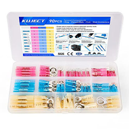 Picture of Kuject 90PCS Heat Shrink Wire Connectors, Multipurpose Waterproof Electrical Wire Terminals kit, Insulated Crimp Connectors Ring Fork Spade Butt Splices for Automotive Marine Boat Truck