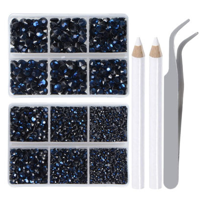 Picture of LPBeads 6400 Pieces Hotfix Rhinestones Montana Flat Back 5 Mixed Sizes Crystal Round Glass Gems with Tweezers and Picking Rhinestones Pen