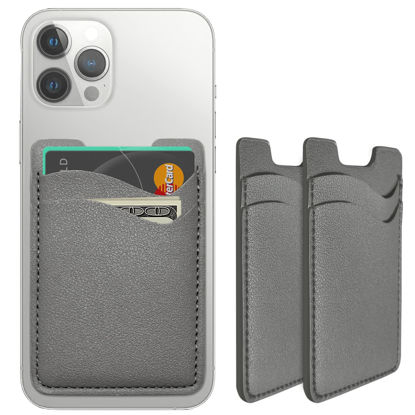 Picture of Phone Card Holder, Leather Phone Wallet Stick On, Stretchy Card Holder for Back of Phone Credit Card Holder for Phone Case Compatible with Most Cell Phone (iPhone, Samsung) - 2Pack Grey