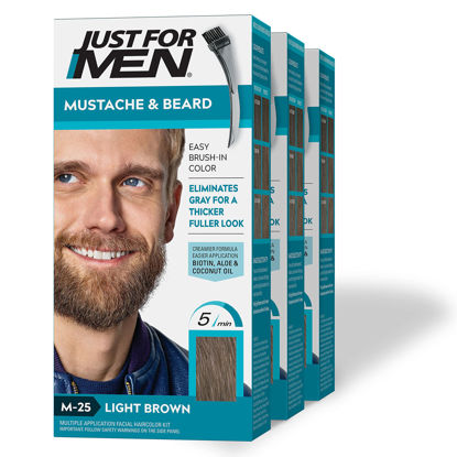 Picture of Just For Men Mustache & Beard, Beard Dye for Men with Brush Included for Easy Application, With Biotin Aloe and Coconut Oil for Healthy Facial Hair - Light Brown, M-25, Pack of 3