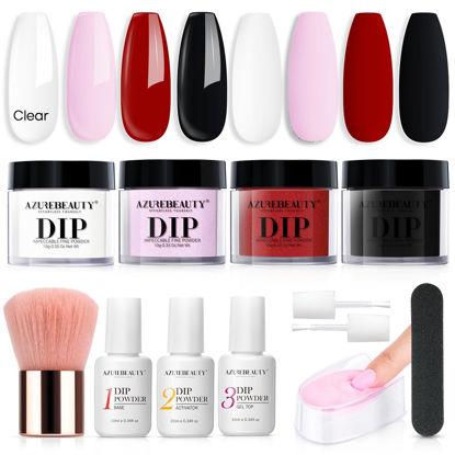 Picture of AZUREBEAUTY Dip Powder Nail Kit Starter, 4 Colors Red Black Pink Clear Nail Designs Dipping Powder System Liquid Set Recycling Tray with Base & Top Coat Activator for French Nail Art Manicure Salon DIY