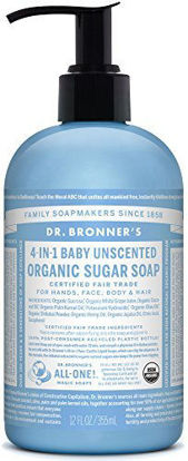 Picture of Dr. Bronner’s - Organic Sugar Soap (Baby Unscented, 12 Ounce) - Made with Organic Oils, Sugar and Shikakai Powder, 4-in-1 Use: Hands, Body, Face and Hair, Moisturizes and Nourishes, No Added Fragrance