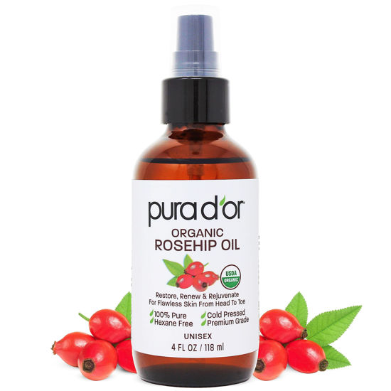 Picture of PURA D'OR Organic Rosehip Seed Oil,100% Pure Cold Pressed USDA Certified All Natural Moisturizer Facial Serum For Anti-Aging,Acne Scar Treatment,Gua Sha Massage,Face,Hair & Skin,Women & Men,4oz