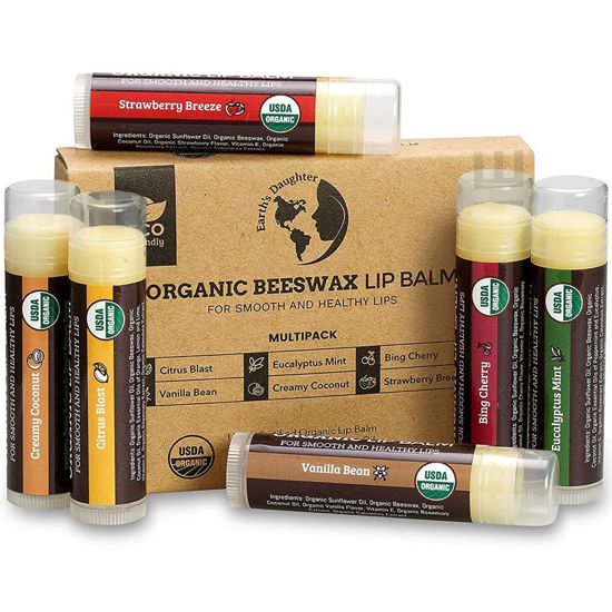 Picture of USDA Organic Lip Balm 6-Pack by Earth's Daughter - Fruit Flavors, Beeswax, Coconut Oil, Vitamin E - Best Lip Repair Chapstick for Dry Cracked Lips - Moisturizing Lip Care For Kids And Adults