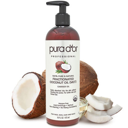 Picture of PURA D'OR 16 Oz Organic Fractionated Coconut Oil - 100% Pure & Natural USDA Certified Cold Pressed Carrier Oil, Scent-Free - Aciete De Coco Liquid Moisturizer For Face Skin & Hair, Men & Women