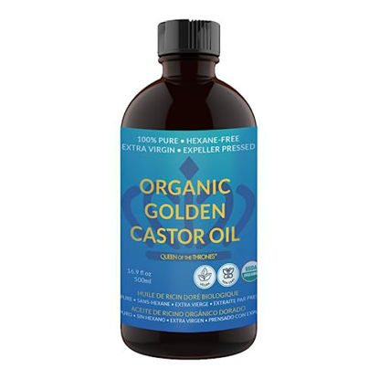 Picture of QUEEN OF THE THRONES Organic Golden Castor Oil - 500mL (16.9oz) | 100% Pure & Expeller Pressed for Hair, Skin & Digestion | Hexane Free | USDA Certified