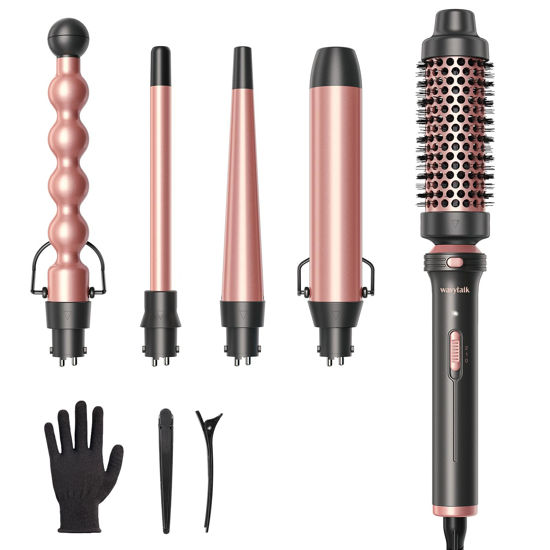 Picture of Wavytalk 5 in 1 Curling Iron,Curling Wand Set with Curling Brush and 4 Interchangeable Ceramic Curling Wand(0.5”-1.25”),Instant Heat Up,Include Heat Protective Glove & 2 Clips