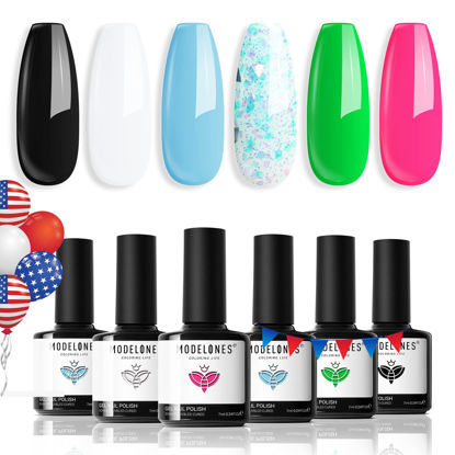 Picture of modelones Gel Nail Polish Set, Neon 6 Colors Summer Gel Polish Hot Pink Blue Nail Polish Gel Bright Neon Green White Glitter Gel Polish Set Soak Off LED Manicure Gel DIY Home Salon Gifts