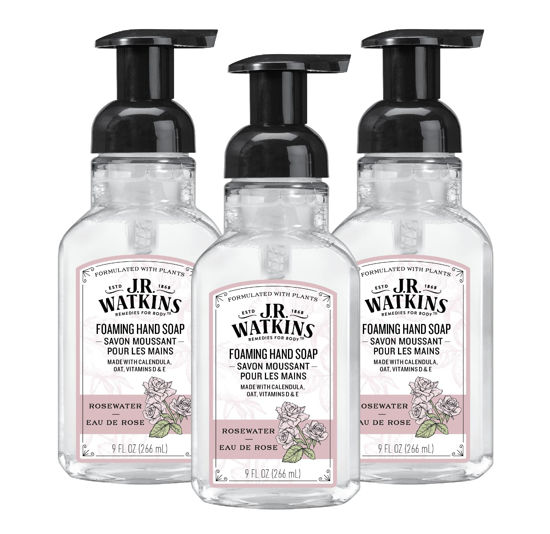 Picture of J.R. Watkins Foaming Hand Soap with Pump Dispenser, Moisturizing Foam Hand Wash, All Natural, Alcohol-Free, Cruelty-Free, USA Made, Rosewater, 9 fl oz, 3 Pack