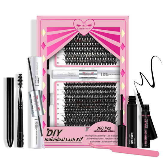 Picture of DIY Lash Extension Kit Lash Clusters Kit with 360 Pcs Individual Lashes Lash Bond and Seal Overnighter Sealer Lash Remover Eyelash Applicator Lash Brush for Beginner(40D+50D-D-10-16mix Kit)