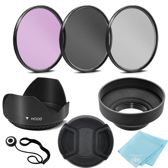 Picture of 3 Piece Filter Kit (UV-CPL-FLD) + Tulip Lens Hood + Soft Rubber Hood + Lens Cap + for Select Canon, Nikon, Sony, Olympus, Panasonic, Fuji, Sigma SLR Lenses, Cameras and Camcorders (52MM)