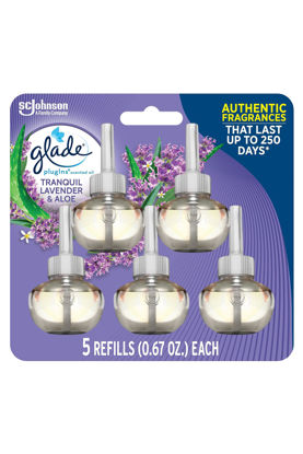 Picture of Glade PlugIns Refills Air Freshener, Scented and Essential Oils for Home and Bathroom, Tranquil Lavender & Aloe, 3.35 Fl Oz, 5 Count