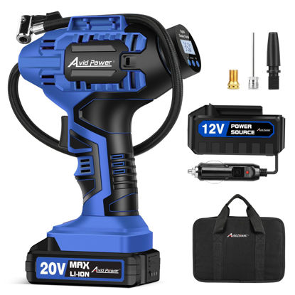 Picture of Avid Power Tire Inflator Air Compressor, 20V Cordless Car Tire Pump with Rechargeable Li-ion Battery, 12V Car Power Adapter, Digital Pressure Gauge, Portable Auto Air Pump for Many Inflatables (Blue)