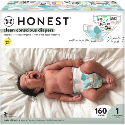 Picture of The Honest Company Clean Conscious Diapers | Plant-Based, Sustainable | Above It All + Barnyard Babies | Super Club Box, Size 1 (8-14 lbs), 160 Count