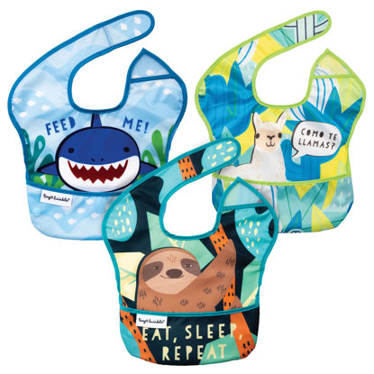 Picture of Tiny Twinkle Mess-Proof Baby Bib - Waterproof Bib for Baby Boy or Girl - Machine Washable - Adjustable Closure - PVC BPA & Phthalate Free -Great for Travel - Baby Food Bibs (3 Pack, Sloth, Shark, Llama)