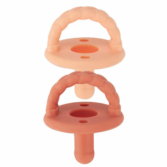 Picture of Itzy Ritzy Sweetie Soother Pacifier Set of 2 - Silicone Newborn Pacifiers with Collapsible Handle & Two Air Holes for Added Safety; Set of 2 in Apricot & Terracotta, Ages Newborn & Up