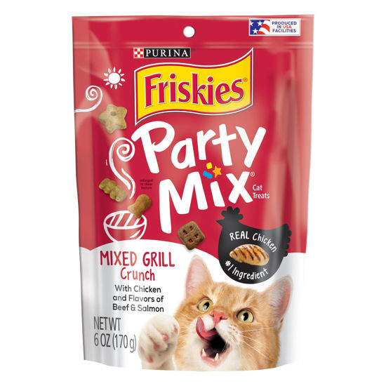 Picture of Purina Friskies Made in USA Facilities Cat Treats, Party Mix Mixed Grill Crunch - (6) 6 oz. Pouches