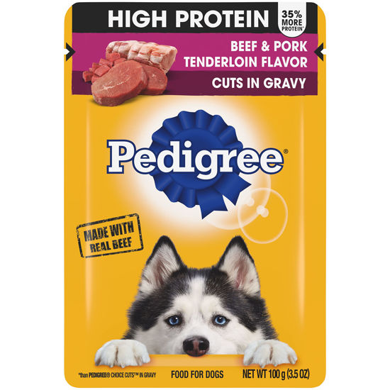 Picture of Pedigree High Protein Wet Dog Food Pouches, Beef and Pork Tenderloin Flavor Cuts in Gravy, 3.5 oz. Pouches, 16 Count