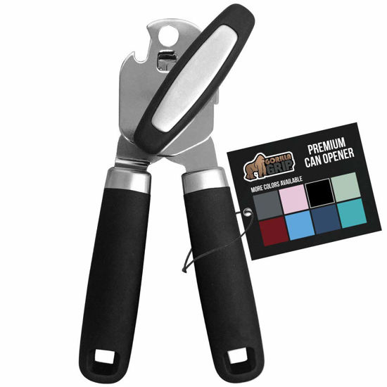 Picture of The Original Gorilla Grip Heavy Duty Stainless Steel Smooth Edge Manual Hand Held Can Opener With Soft Touch Handle, Rust Proof Oversized Handheld Easy Turn Knob, Best Large Lid Openers, Black