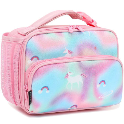 Picture of FlowFly Kids Lunch box Insulated Soft Bag Mini Cooler Back to School Thermal Meal Tote Kit for Girls, Boys,Glitter-Unicorn