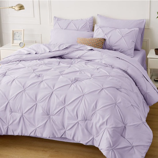 Picture of Bedsure Light Purple Comforter Set King - Bedding Set King 7 Pieces, Pintuck Bed in a Bag Purple Bed Set with Comforter, Sheets, Pillowcases & Shams