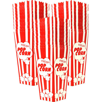 Picture of 30 Movie Night Popcorn Paper Boxes Buckets 7.75 Inches Tall Large & Holds 46 Oz Old Fashion Vintage Retro Party Design Red & White Colored Nostalgic Carnival Stripes Bags & Tubs [various qty avail]