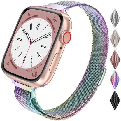 Picture of LELONG Slim Watch Band for Apple Watch Band 38mm 40mm 41mm 42mm 44mm 45mm 49mm Women & Men, Stainless Steel Mesh Loop Magnetic Clasp Replacement for iWatch Bands Ultra Series 8 7 SE 6 5 4 3 2 1 (Rainbow, 45mm/44mm/42mm/49mm)