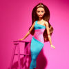 Picture of Barbie Looks Doll with Brown Hair Dressed in One-Shoulder Pink and Blue Midi Dress, Posable Made to Move Body Small