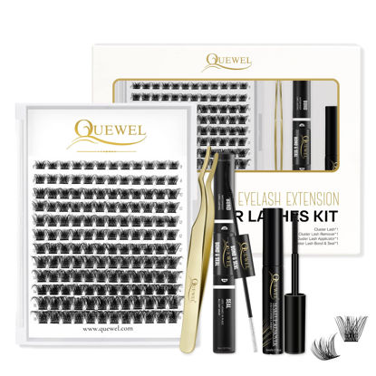 Picture of DIY Eyelash Extensions Kit, QUEWEL Lash Clusters 144 Pcs, Cluster Lashes Golden Lashes Tweezers, Eyelashes Clusters Bond and Seal Waterproof, Clusters Lash Glue Remover for DIY Lash Extensions (QU-RR-DH-01)