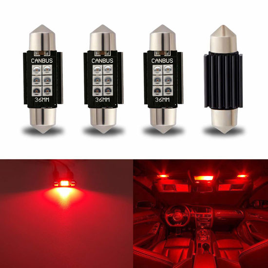 Picture of iBrightstar Newest 9-30V Extremely Bright 6411 6418 C5W Festoon LED Bulbs Error Free 1.5" 36mm for Interior Map Dome Lights and License Plate Courtesy Lights, Red