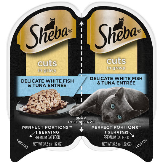 Picture of SHEBA PERFECT PORTIONS Cuts in Gravy Wet Cat Food Trays (24 Count, 48 Servings), Whitefish and Tuna Entrée, Easy Peel Twin-Pack Trays, 2.6 Ounce (Pack of 24)